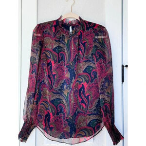 Ralph Lauren High Neck Paisley Sheer Ruffle Lightweight Blouse Pink Blue Brown M